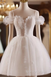 A-Line Off Shoulder Tulle Lace Light Champagne Short Prom Dresses